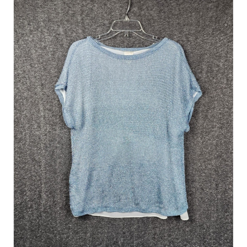 Chico's Metallic Knit Top Women 3‎ Blue Layered Split Back Shimmer Short Sleeve